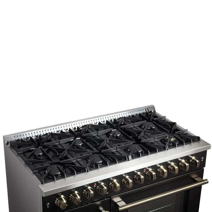 Forno Galiano 48" French Door Dual Fuel Range, 8 Burners, Electric Convection Oven, Black Antique Brass Trim, FFSGS6356-48BLK