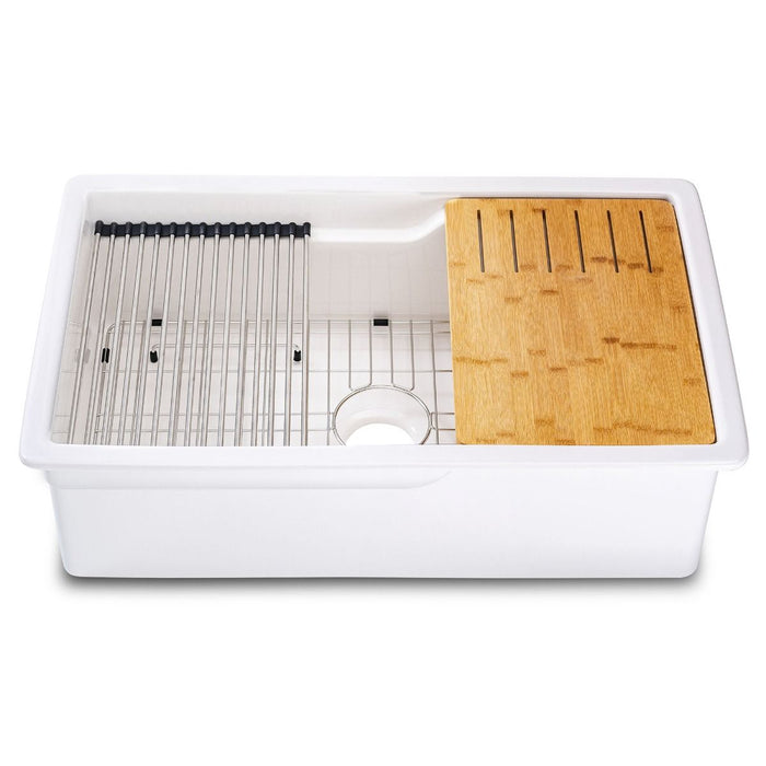 ALFI brand White 32" Workstation Step Rim Single Bowl Fireclay Undermount / Drop In Kitchen Sink ABFS3219SUD-W