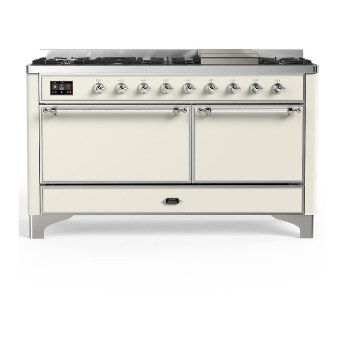 ILVE Majestic III 60" Dual Fuel Range, Antique White, Burnished Trim UM60FQNR3AWB
