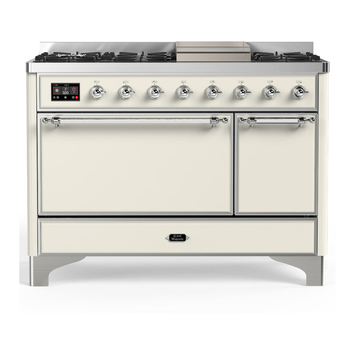 ILVE Majestic III 48" Dual Fuel, Range, Antique White, Burnished Trim UM48FQNR3AWB