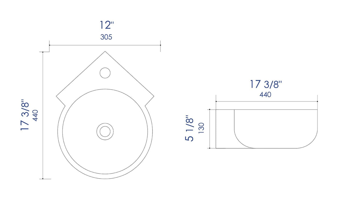 ALFI brand White 17" Tiny Corner Wall Mounted Ceramic Sink, Faucet Hole ABC121
