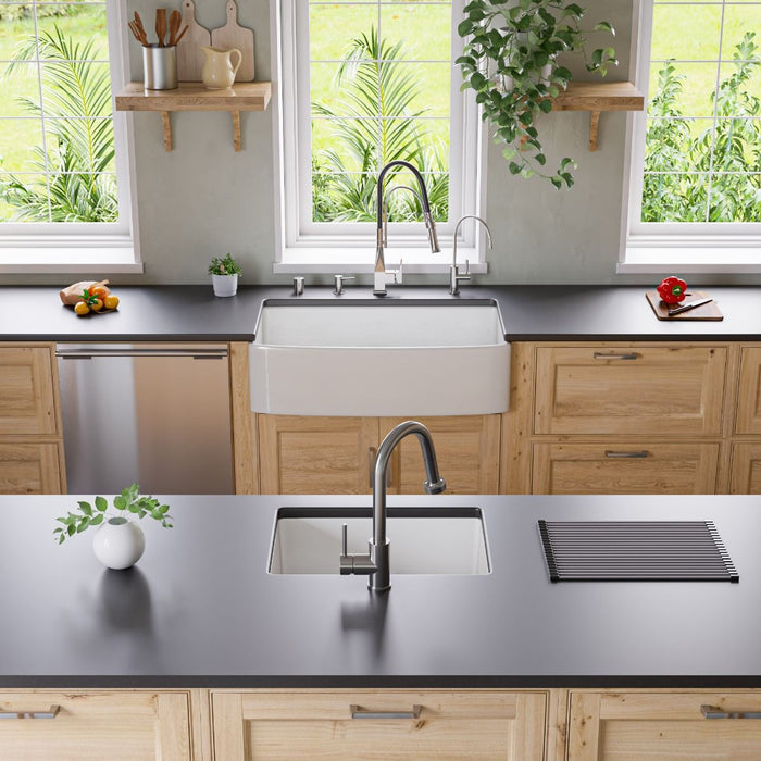 ALFI Brand White Smooth Curved Apron 36" Single Bowl Fireclay Farm Sink ABFC3620S-W