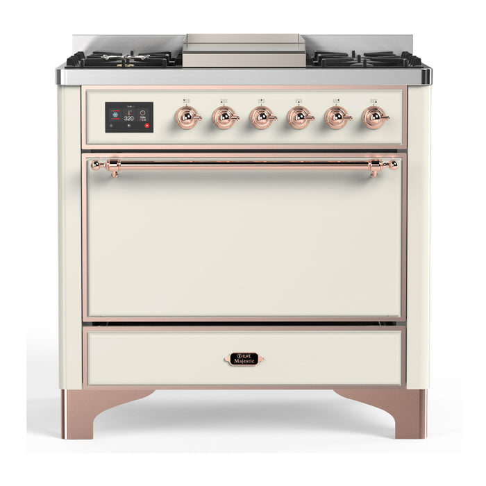 ILVE Majestic III 36" Dual Fuel, Range, Antique White, Burnished Trim UM36FQNR3AWB