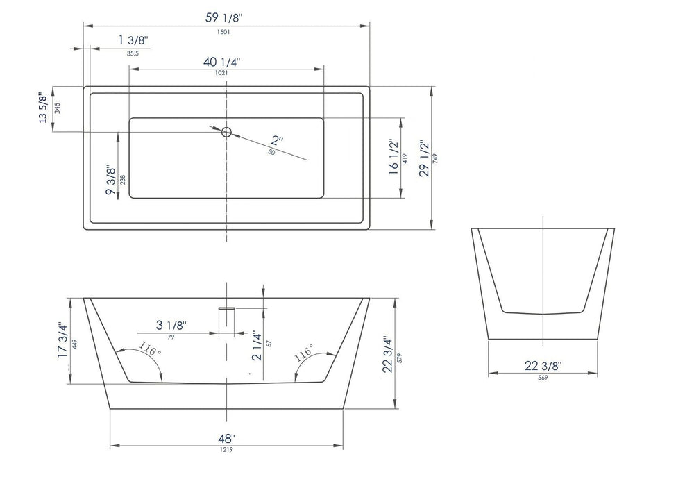 ALFI brand 59" Black & White Rectangular Acrylic Soaking Bathtub AB8834