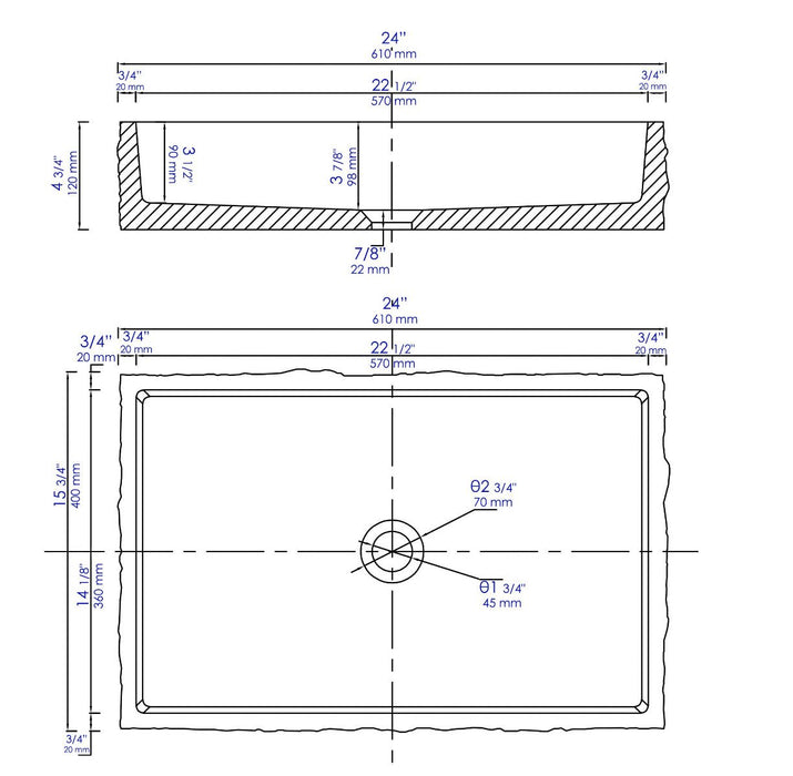 ALFI brand 24" Solid Concrete Chiseled Style Above Mount Vessel Sink ABCO24R