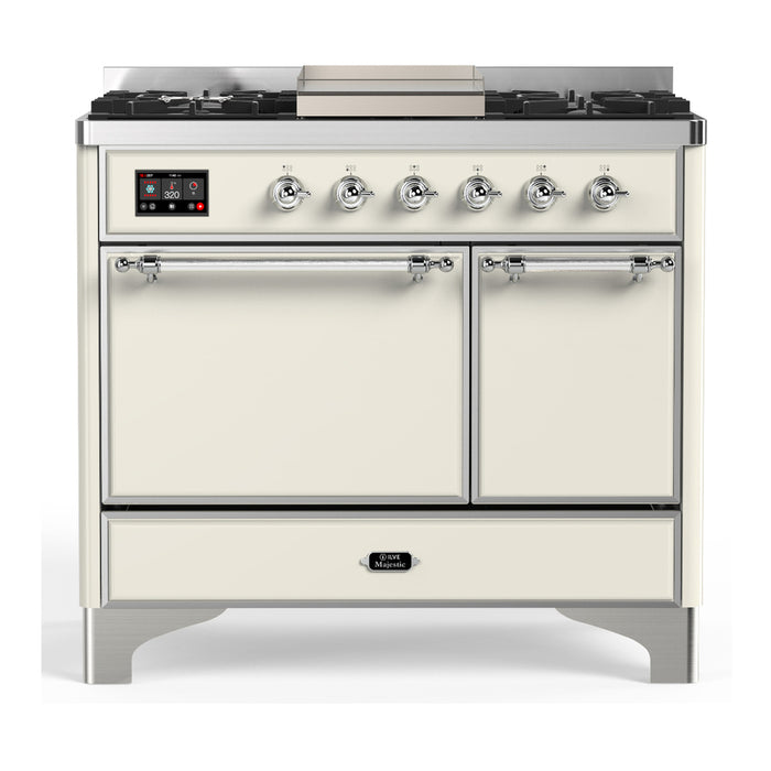 ILVE Majestic III 40" Dual Fuel, Range, Antique White, Burnished Trim UMD40FQNR3AWB