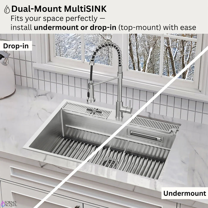 FORNO ACQUA 33" Drop-In/Undermount Stainless Steel Sink Faucet & Waterfall G-ZN30