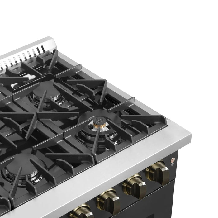 Forno Galiano 36"French DoorDual Fuel Range, Gas Stove, Electric Oven Black, Antique Brass Trim, FFSGS6356-36BLK