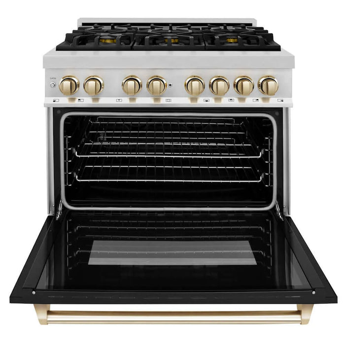 ZLINE 36" Autograph Dual Fuel Range, Black, Gold, RAZ-BLM-36-G