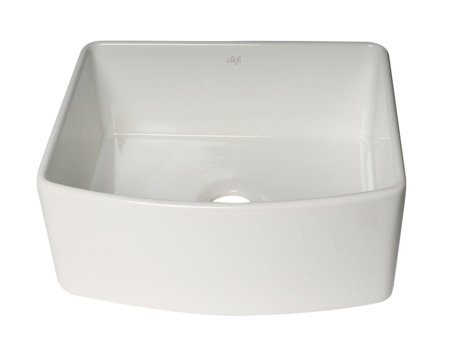 ALFI Brand White Smooth Curved Apron 24" Single Bowl Fireclay Farm Sink, Grid ABFC2420-W
