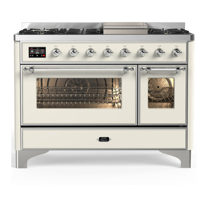ILVE Majestic III 48" Dual Fuel, Range, Antique White, Burnished Trim UM48FNR3AWB