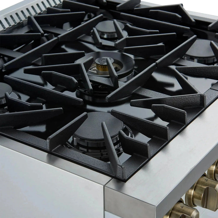 Forno Galiano 30"French Door Dual Fuel Range 5 Gas Burners, Electric Convection Oven White, Antique Brass Trim, FFSGS6356-30WHT