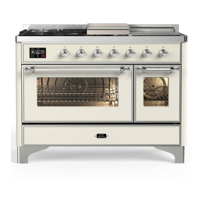 ILVE Majestic III 48" Dual Fuel, Range, Antique White, Burnished Trim UM48FSNR3AWB