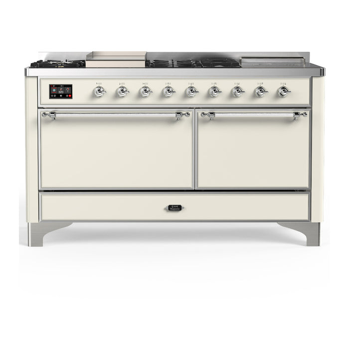 ILVE Majestic III 60" Dual Fuel Range, Antique White, Burnished Trim UM60FSQNR3AWB