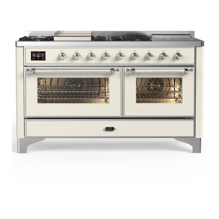 ILVE Majestic III 60" Dual Fuel Range, Antique White, Burnished Trim UM60FSNR3AWB
