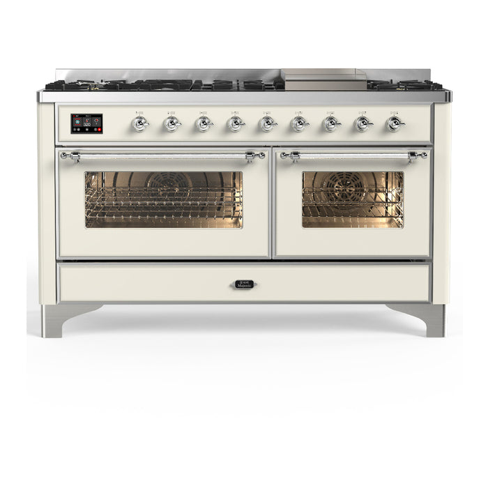 ILVE Majestic III 60" Dual Fuel Range, Antique White, Burnished Trim UM60FNR3AWB