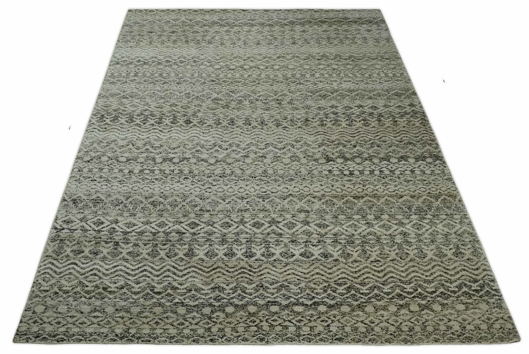 10x14 Hand Knotted Ivory and  Black Modern Contemporary Southwestern Recycled Silk Area Rug