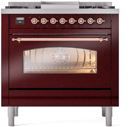 ILVE Nostalgie II 36" Dual Fuel Liquid Propane Range, Burgundy, Copper Trim UP36FNMPBUPLP ILVE