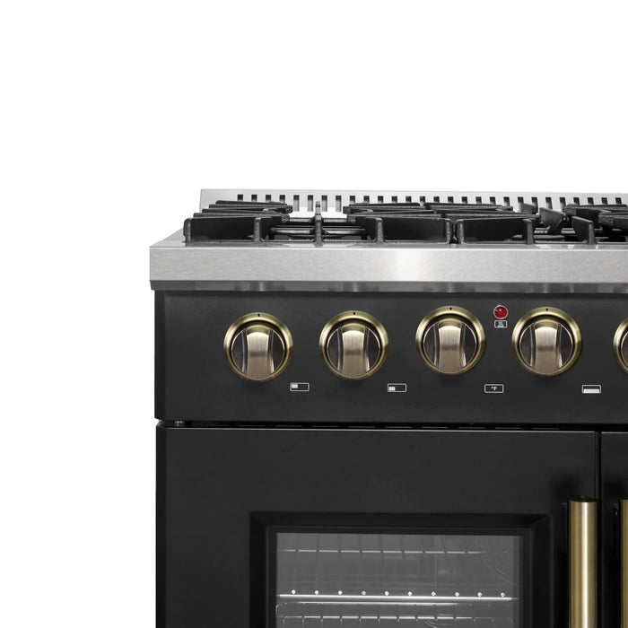 Forno Galiano 36"French DoorDual Fuel Range, Gas Stove, Electric Oven Black, Antique Brass Trim, FFSGS6356-36BLK
