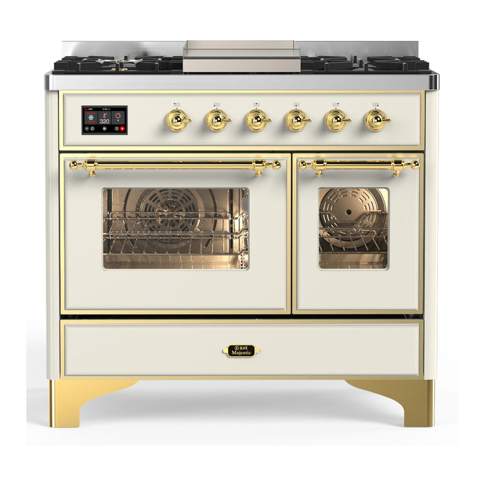 ILVE Majestic III 40" Dual Fuel, Range, Antique White, Burnished Trim UMD40FNR3AWB