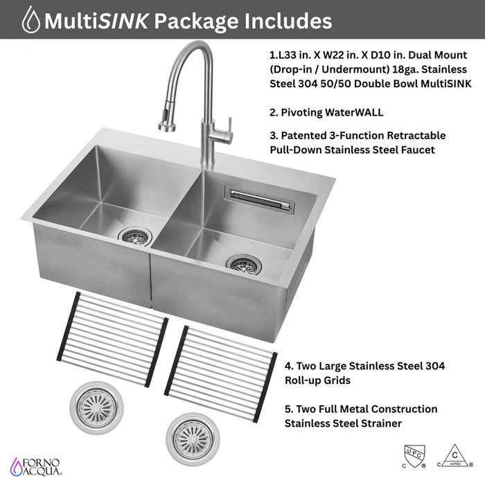 FORNO ACQUA 33" Drop-In/Undermount Stainless Steel Sink Faucet & Waterfall G-ZN30