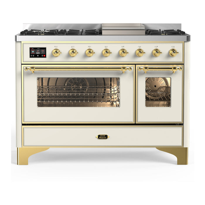 ILVE Majestic III 48" Dual Fuel, Range, Antique White, Burnished Trim UM48FNR3AWB