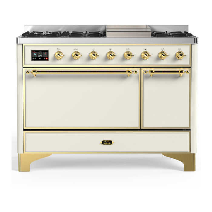 ILVE Majestic III 48" Dual Fuel, Range, Antique White, Burnished Trim UM48FQNR3AWB