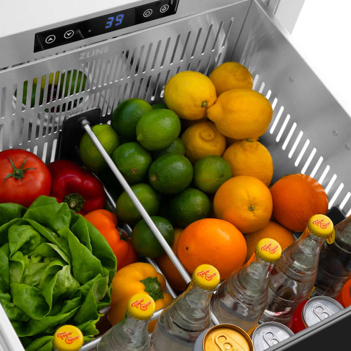 ZLINE Autograph Edition 24" Touchstone 168 Can Outdoor-Rated Dual Refrigerator Drawer, Black Matte Door, Accents  RDSOZ-BLM-24-CB