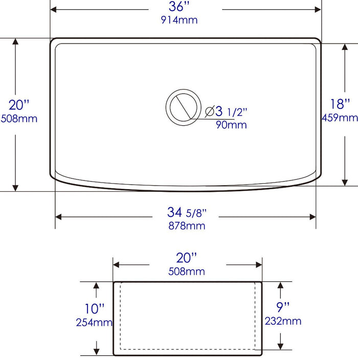 ALFI Brand White Smooth Curved Apron 36" Single Bowl Fireclay Farm Sink ABFC3620S-W