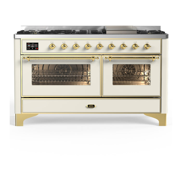 ILVE Majestic III 60" Dual Fuel Range, Antique White, Burnished Trim UM60FNR3AWB