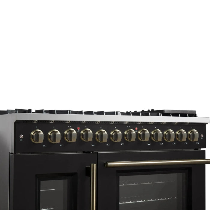 Forno Galiano 48" French Door Dual Fuel Range, 8 Burners, Electric Convection Oven, Black Antique Brass Trim, FFSGS6356-48BLK