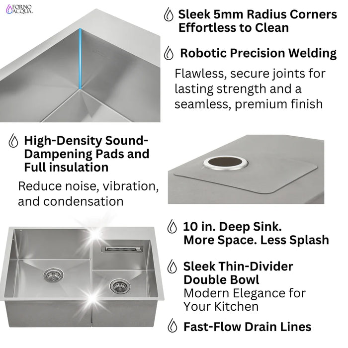 FORNO ACQUA 33" Drop-In/Undermount Stainless Steel Sink Retractable Faucet Waterfall H-ZN30