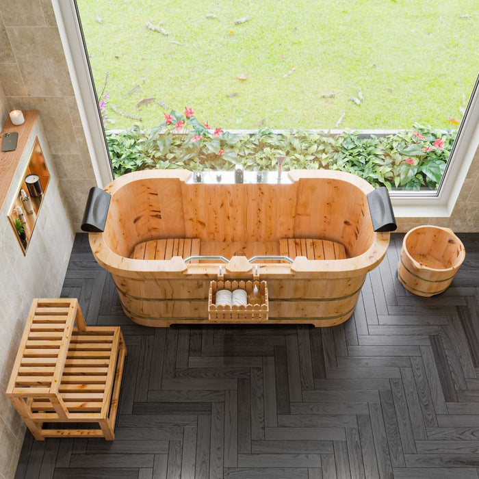 ALFI brand 65" 2 Person Free Standing Cedar Wooden Bathtub, Fixtures, Headrests AB1130