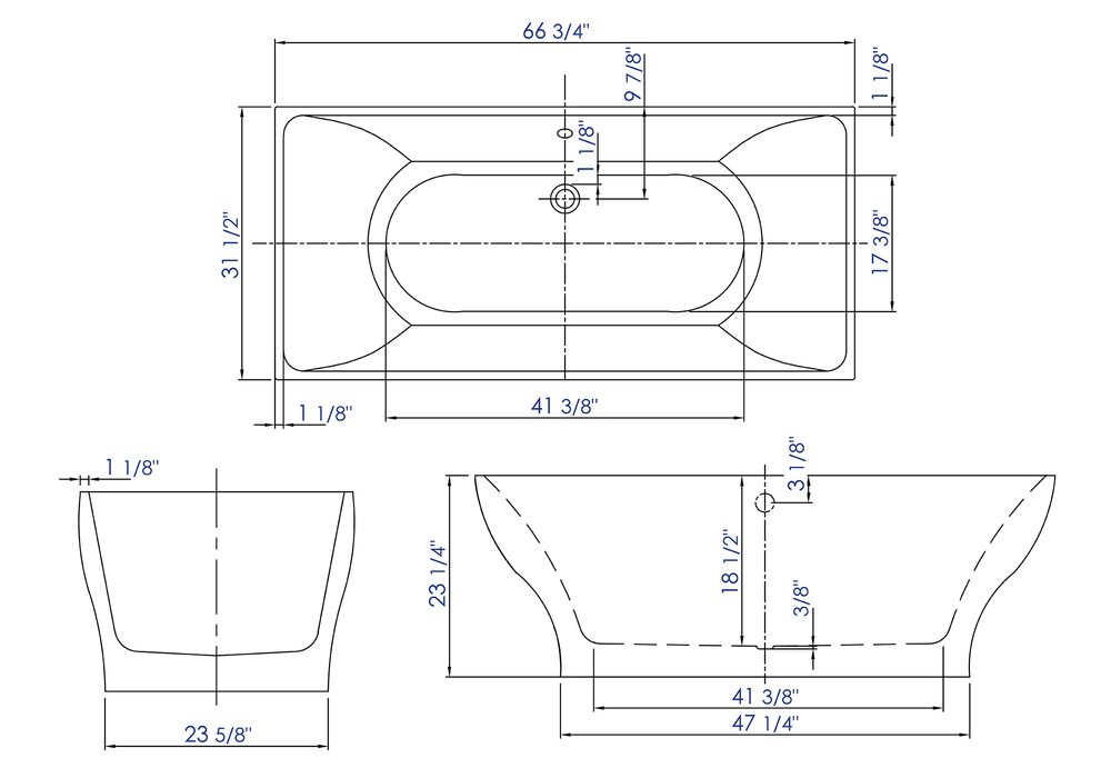 ALFI brand 67" White Rectangular Acrylic Free Standing Soaking Bathtub AB8840