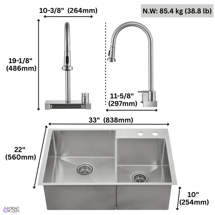 FORNO ACQUA 33" Drop-In/Undermount Stainless Steel Sink Faucet & Waterfall H-XN30