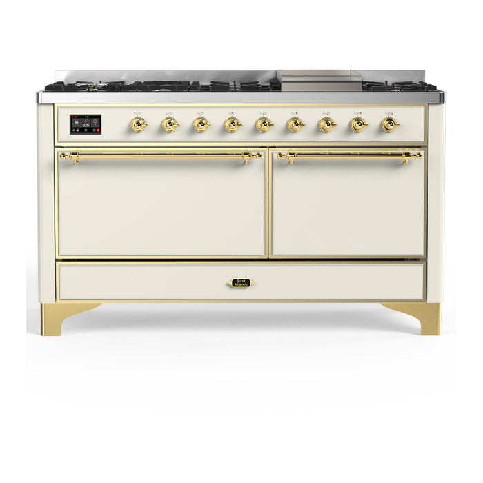 ILVE Majestic III 60" Dual Fuel Range, Antique White, Burnished Trim UM60FQNR3AWB