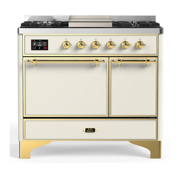 ILVE Majestic III 40" Dual Fuel, Range, Antique White, Burnished Trim UMD40FQNR3AWB