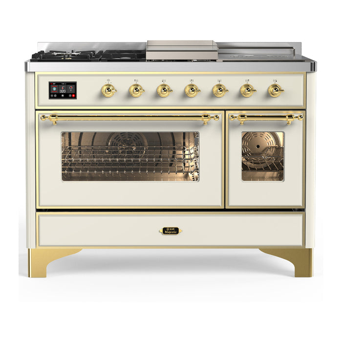 ILVE Majestic III 48" Dual Fuel, Range, Antique White, Burnished Trim UM48FSNR3AWB