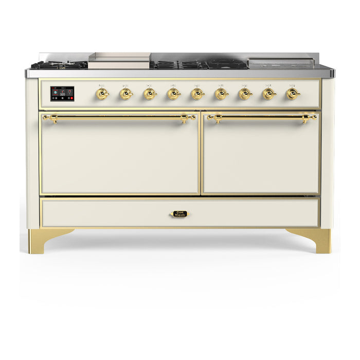 ILVE Majestic III 60" Dual Fuel Range, Antique White, Burnished Trim UM60FSQNR3AWB