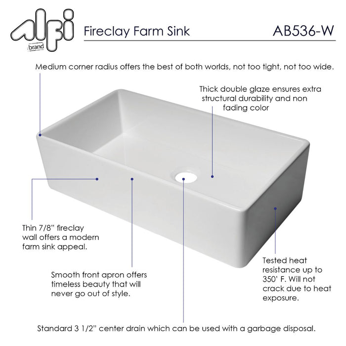 ALFI brand 36" Smooth Apron Single Bowl Fireclay Farm Sink AB536-W