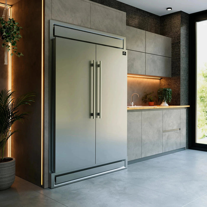 Forno Appliance Package - 48" Gas Range, Wall Mount Range Hood, 60" Refrigerator with Modern Grill Trim FBDL-019-07CAUS