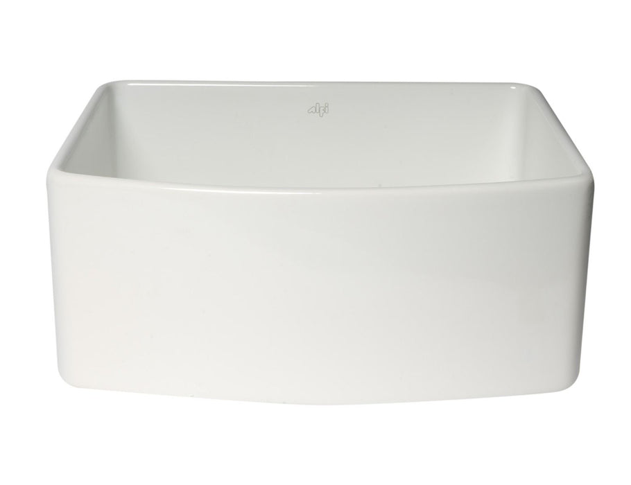 ALFI Brand White Smooth Curved Apron 24" Single Bowl Fireclay Farm Sink, Grid ABFC2420-W