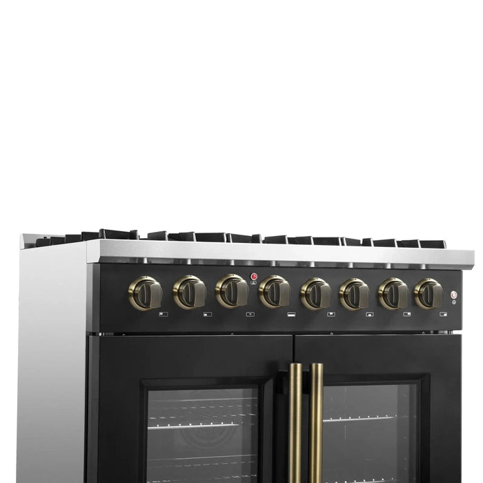 Forno Galiano 36"French DoorDual Fuel Range, Gas Stove, Electric Oven Black, Antique Brass Trim, FFSGS6356-36BLK