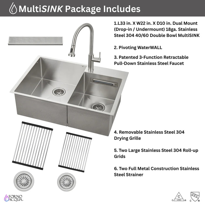 FORNO ACQUA 33" Drop-In/Undermount Stainless Steel Sink Retractable Faucet Waterfall H-ZN30