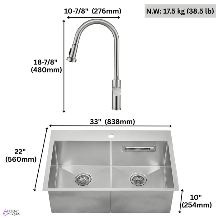 FORNO ACQUA 33" Drop-In/Undermount Stainless Steel Sink Faucet & Waterfall G-ZN30