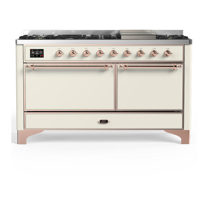 ILVE Majestic III 60" Dual Fuel Range, Antique White, Burnished Trim UM60FQNR3AWB