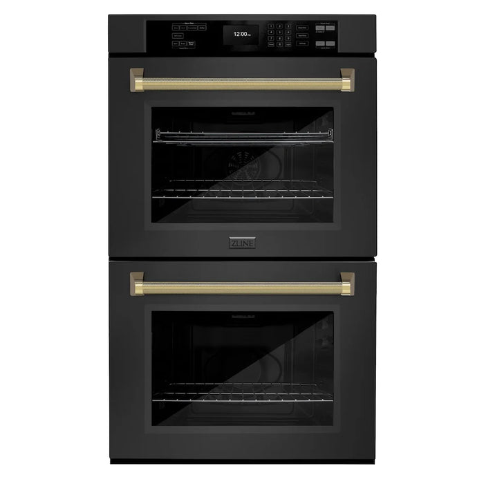 ZLINE Autograph Edition 30" Professional True Convection Double Wall Oven, Air Fry, Self Clean, Black Stainless Steel, Helix Handles WADBZ-30-KCB