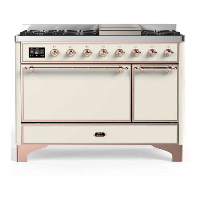 ILVE Majestic III 48" Dual Fuel, Range, Antique White, Burnished Trim UM48FQNR3AWB