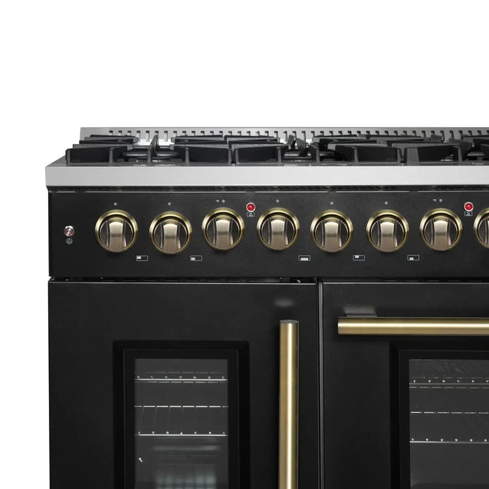 Forno Galiano 48" French Door Dual Fuel Range, 8 Burners, Electric Convection Oven, Black Antique Brass Trim, FFSGS6356-48BLK