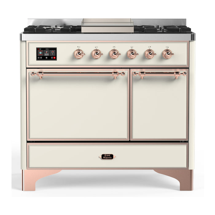 ILVE Majestic III 40" Dual Fuel, Range, Antique White, Burnished Trim UMD40FQNR3AWB
